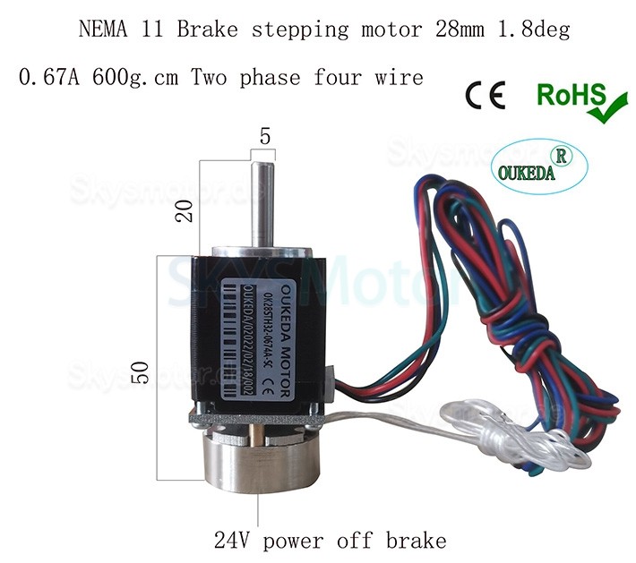 NEMA11 Schrittmotor OK28STH32-0674A-SC 1,8 Grad 5,88Ncm 3,75V 0,67A 2 Phasen D-Schnitt mit Bremse